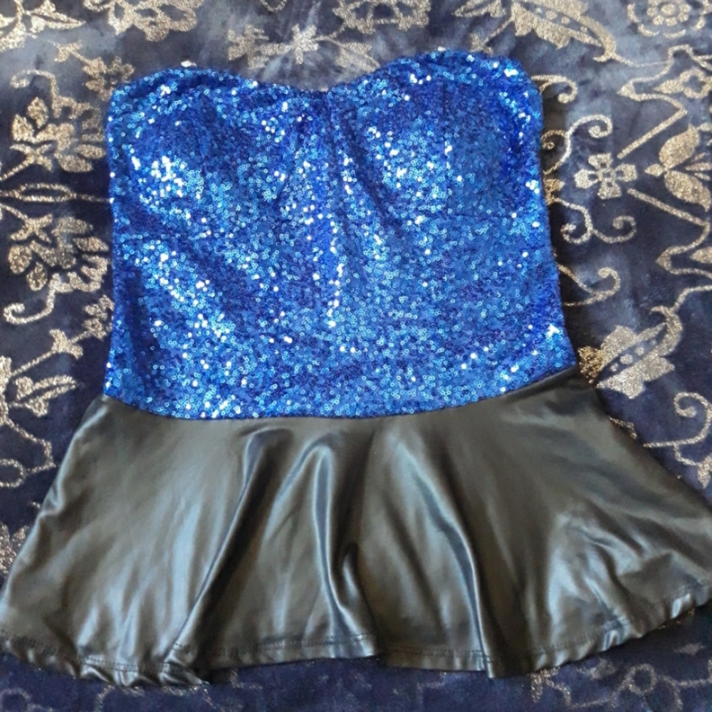 Blue Sequin Strapless Top